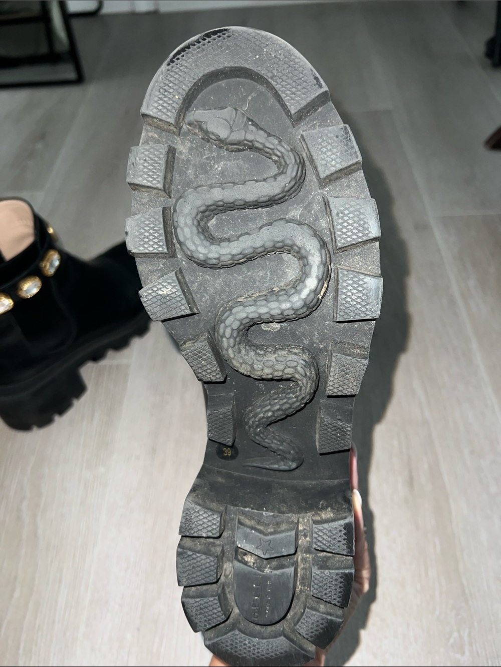 Gucci Black Leather Ankle Boots with Gold GG & Jeweled Strap - Picture 8 of 8